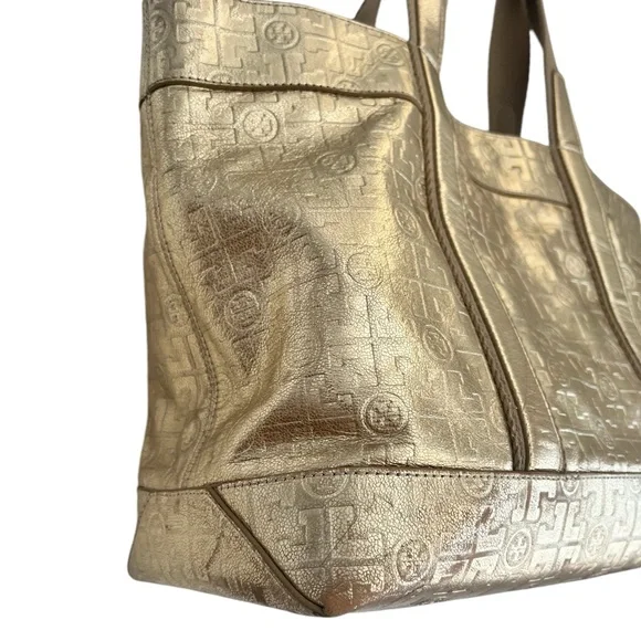 Tory Burch Golden Metallic Travel Tote Bag leather embossed logo lined - Picture 5 of 16